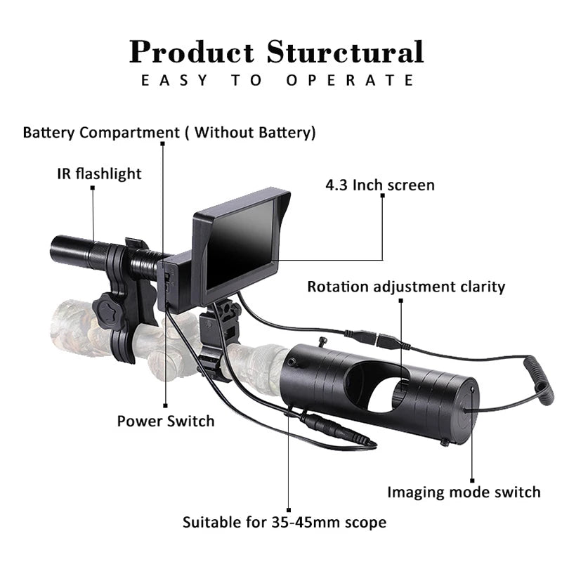 Infrared night vision camera with 4.3 inch screen and IR flashlight suitable for 35-45mm scope