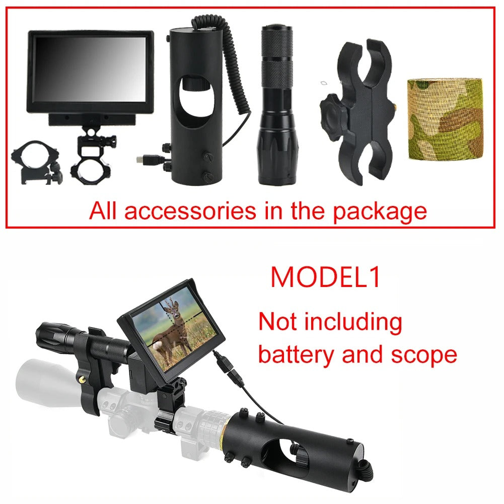 Infrared night vision camera with accessories and a screen showing a deer in outdoor use setup