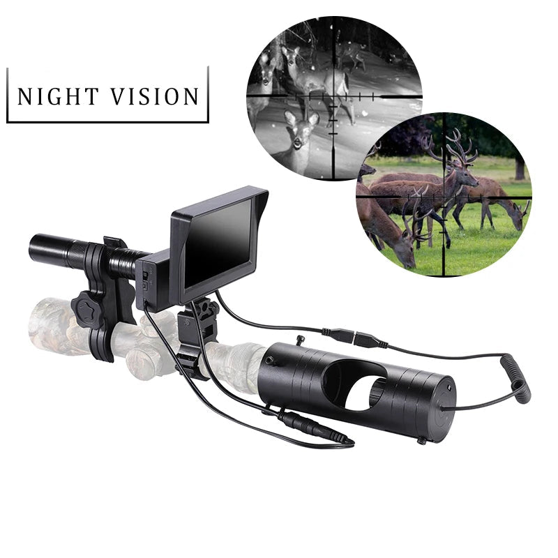 Military-Outdoors.com infrared night vision camera mounted on a hunting rifle with color and black white display views