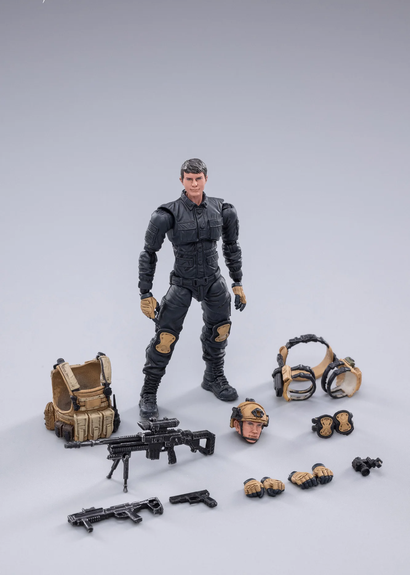 JOYTOY special forces set action figure in black tactical gear with weapons and accessories