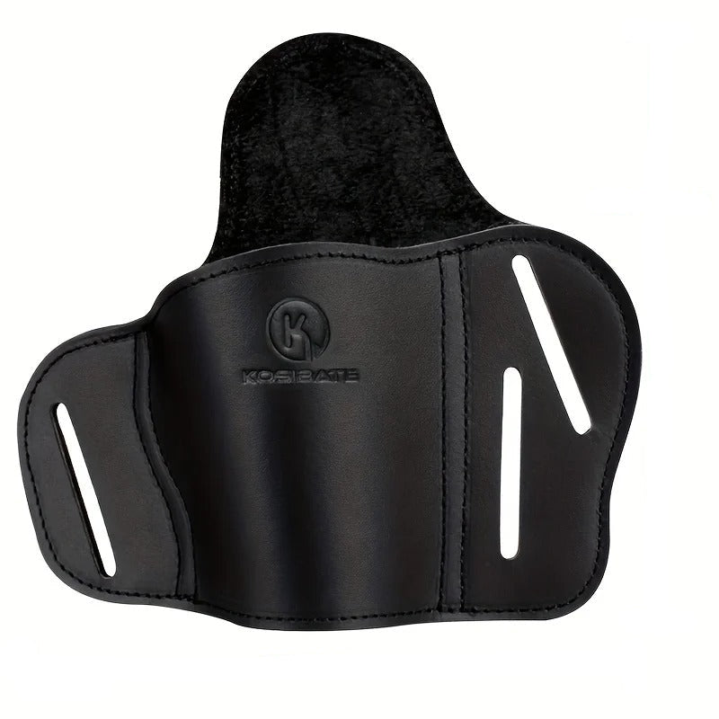 Black leather belt holster for Colt pistols with suede lining and dual belt slots