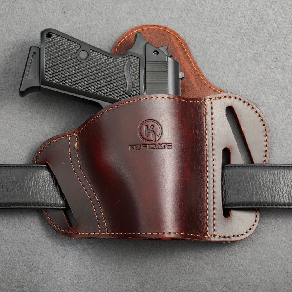 Brown leather belt slide holster for Colt pistols with black 1911 style handgun and stitched finish