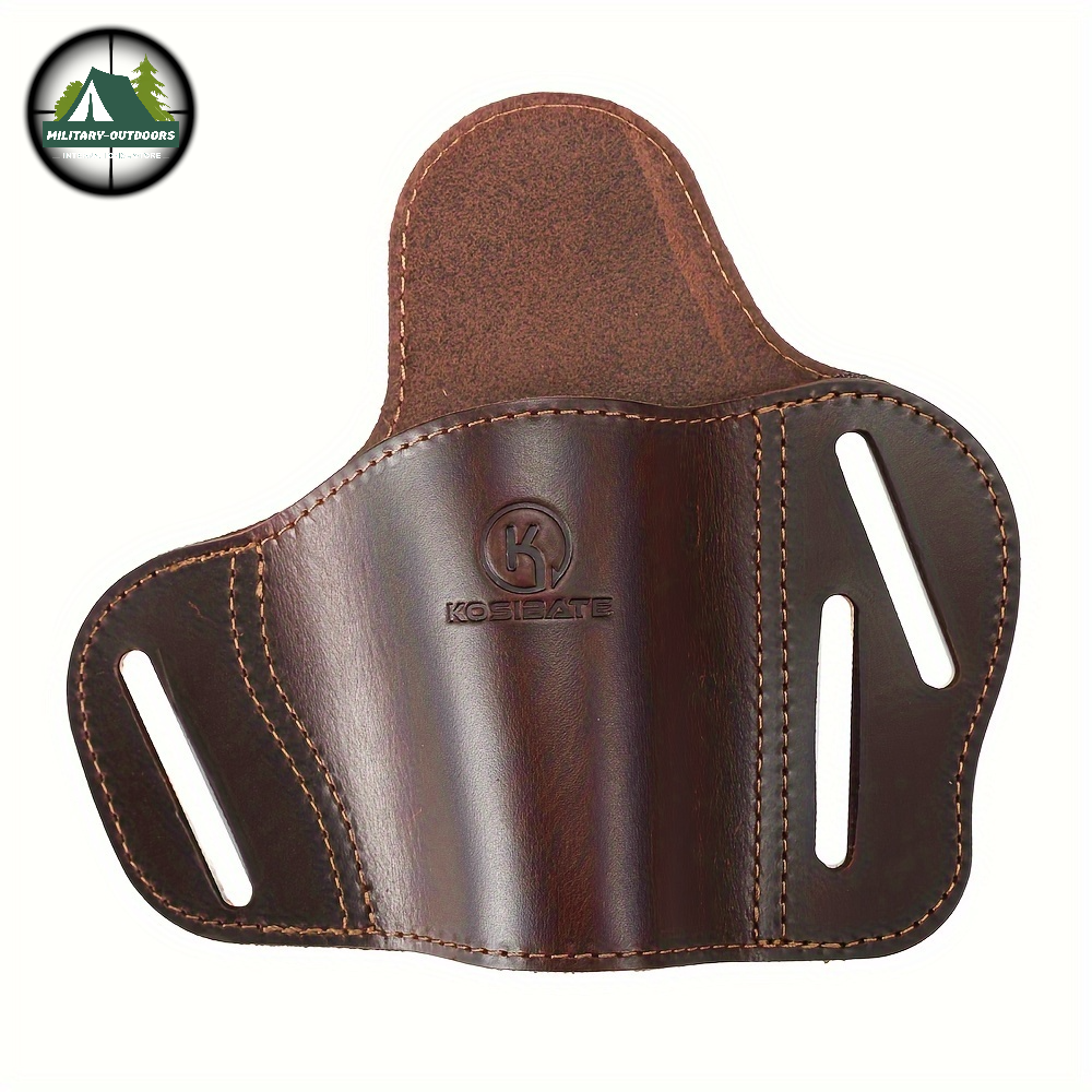 Brown leather belt slide holster for Colt pistols with dual belt slots suede backing embossed logo