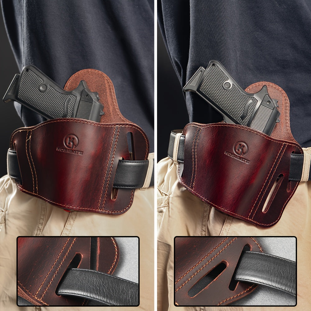 Brown leather belt slide holster for Colt pistols secure fit for 1911 style handguns with reinforced stitching