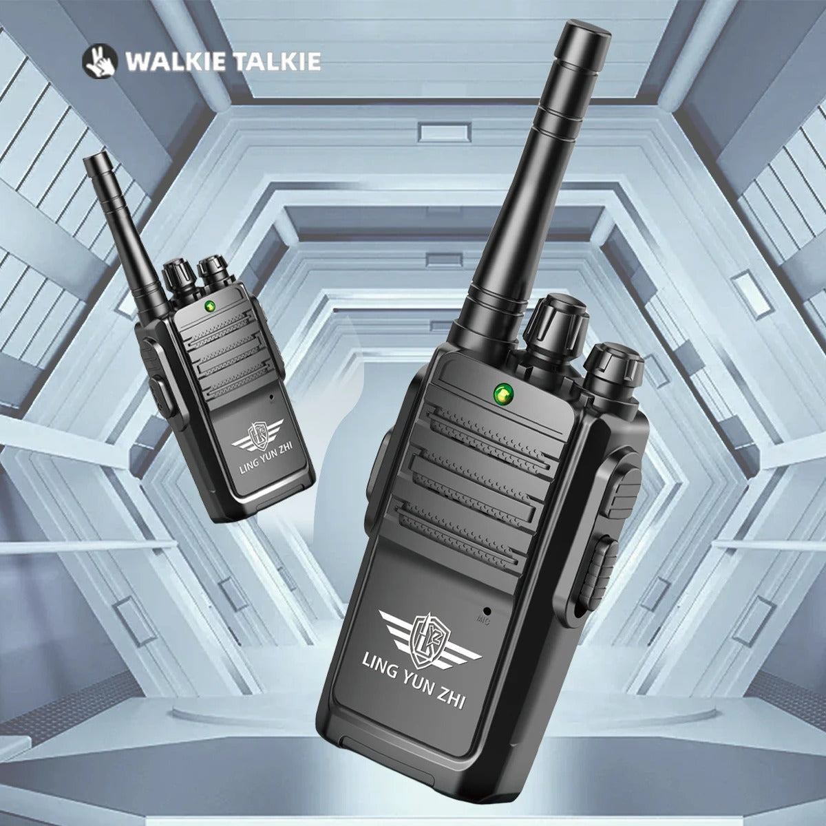 Black two pack children military walkie talkie set with long antennas green LED and side controls