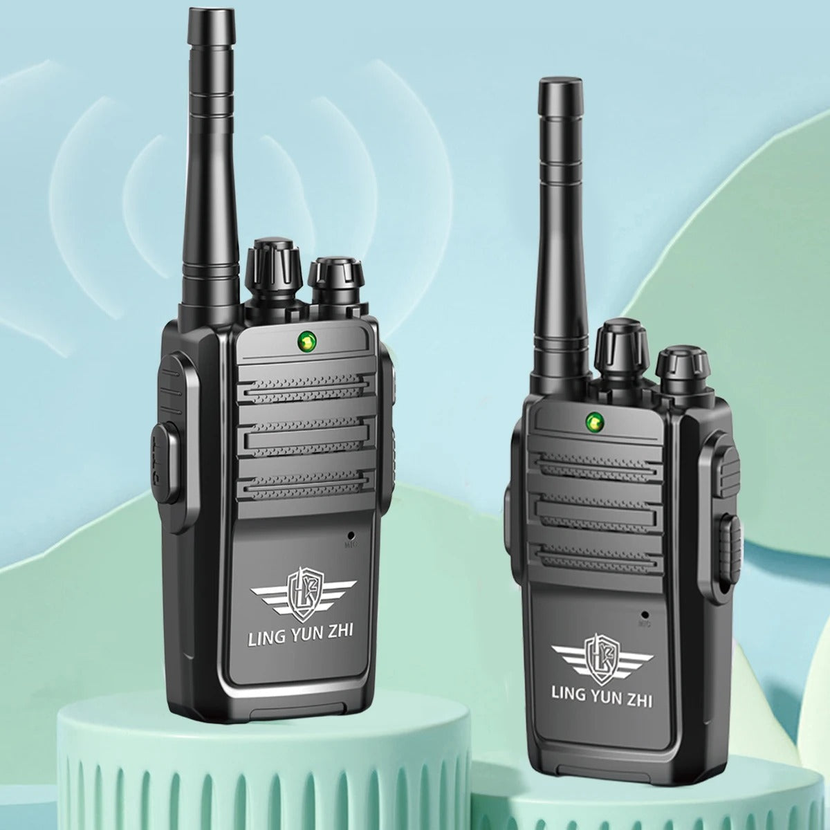 Pair of black children military walkie talkie toy radios with long antennas and rugged design for outdoor play