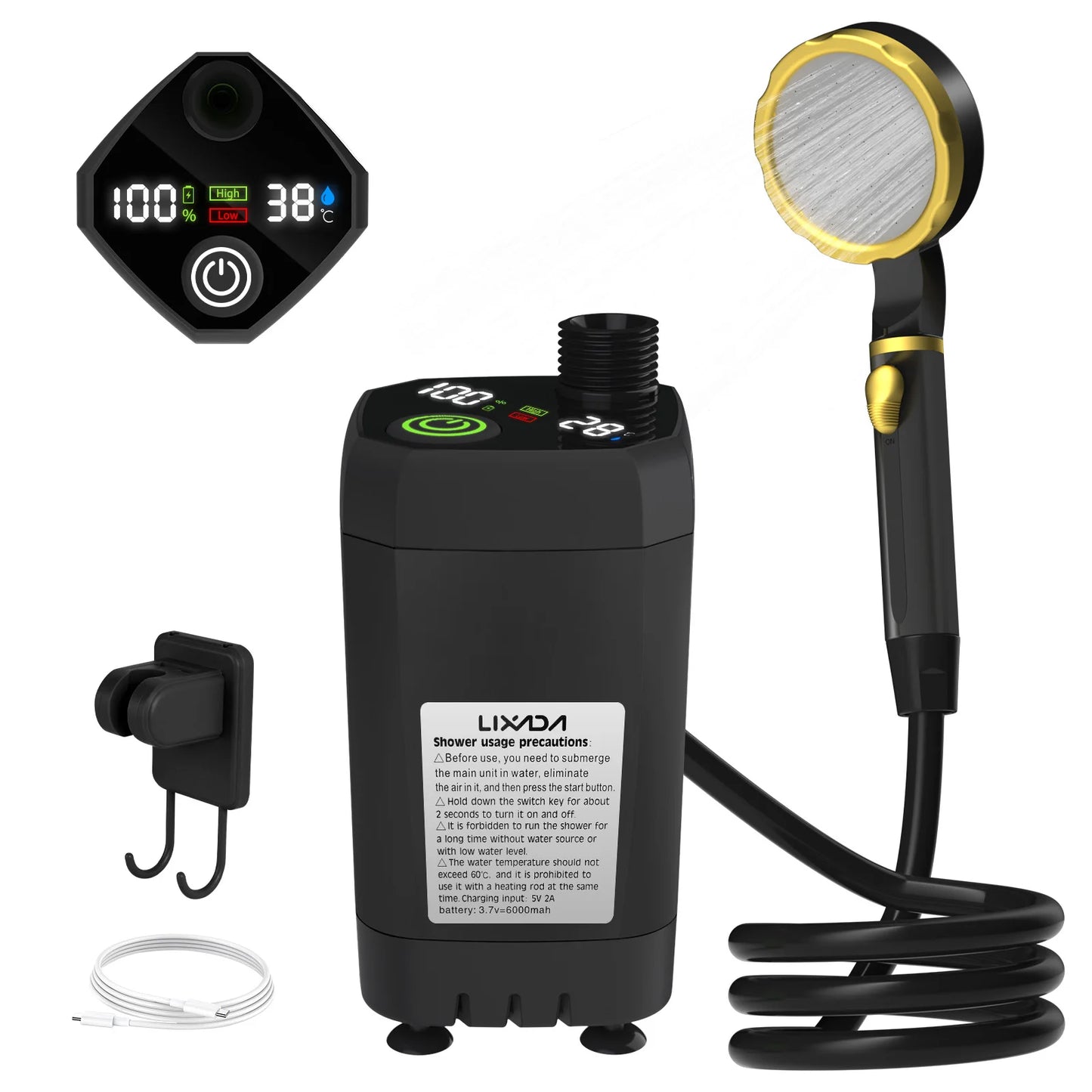 Lixada portable outdoor shower kit with digital temperature display and handheld showerhead