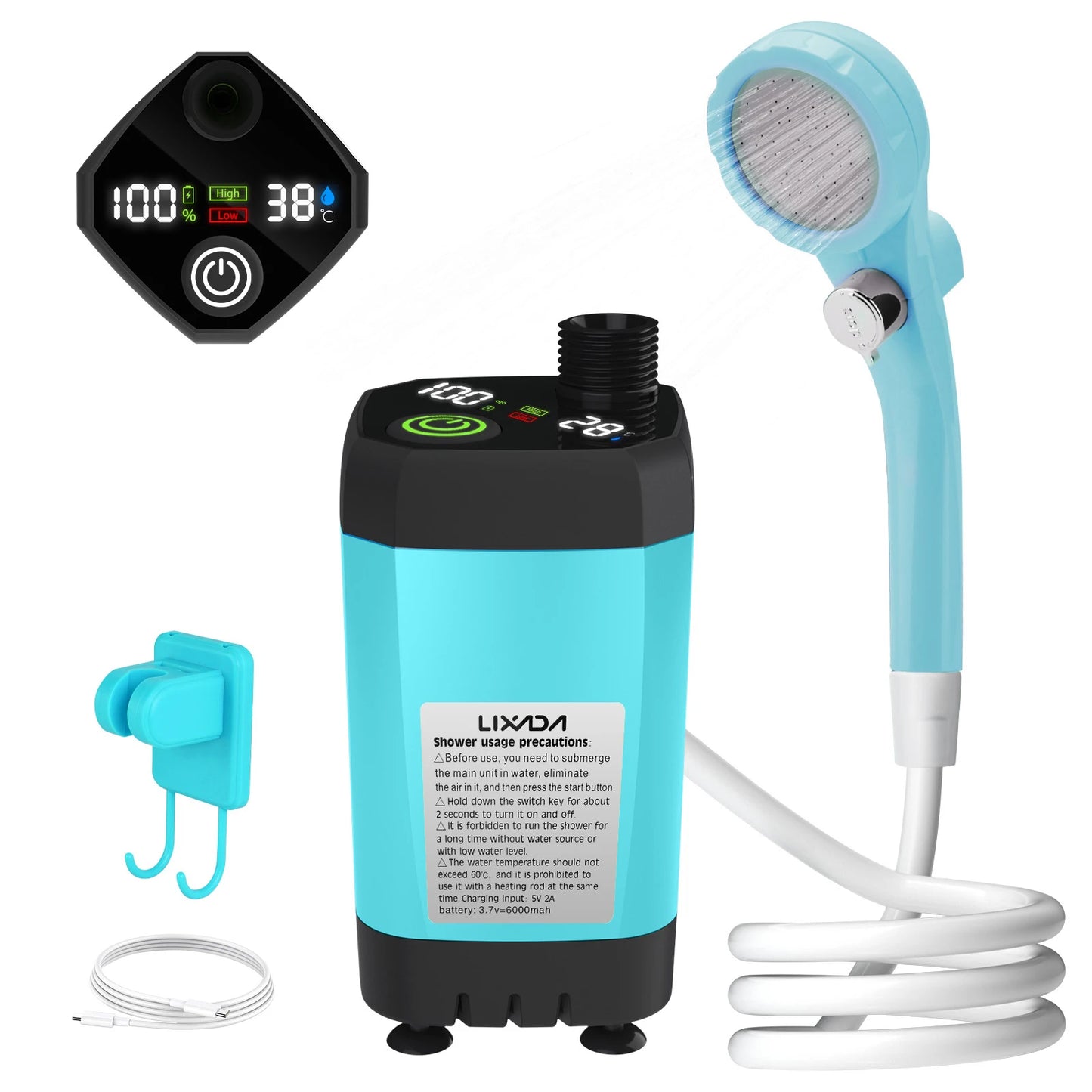 Blue Military-Outdoors.com portable outdoor shower kit with digital temperature display and handheld showerhead