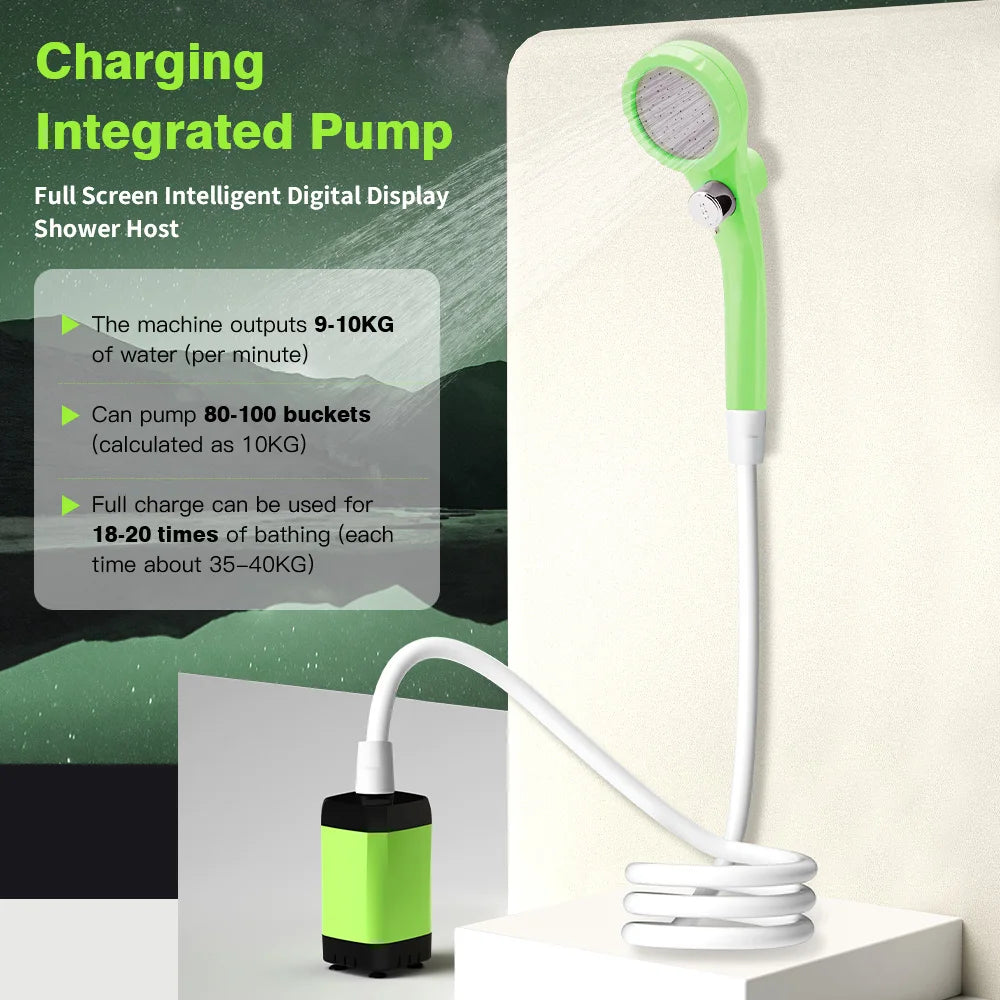 Portable outdoor shower kit with charging integrated pump and digital display shower head in green