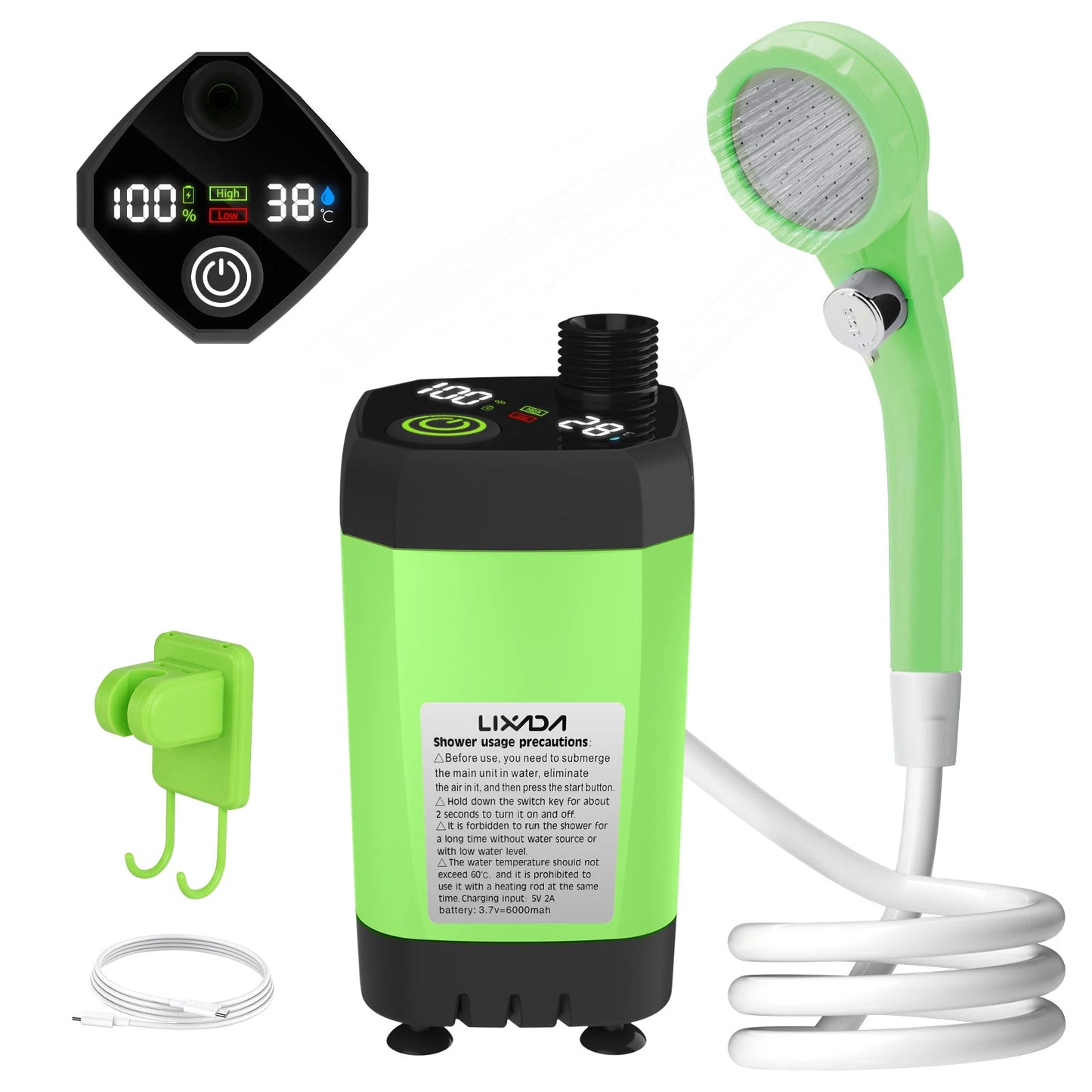 Lixada green portable outdoor shower kit with digital temperature display and handheld showerhead