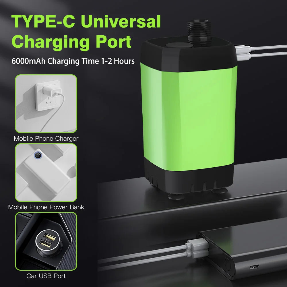 Military-Outdoors.com portable outdoor shower kit with Type-C universal charging port and 6000mAh battery
