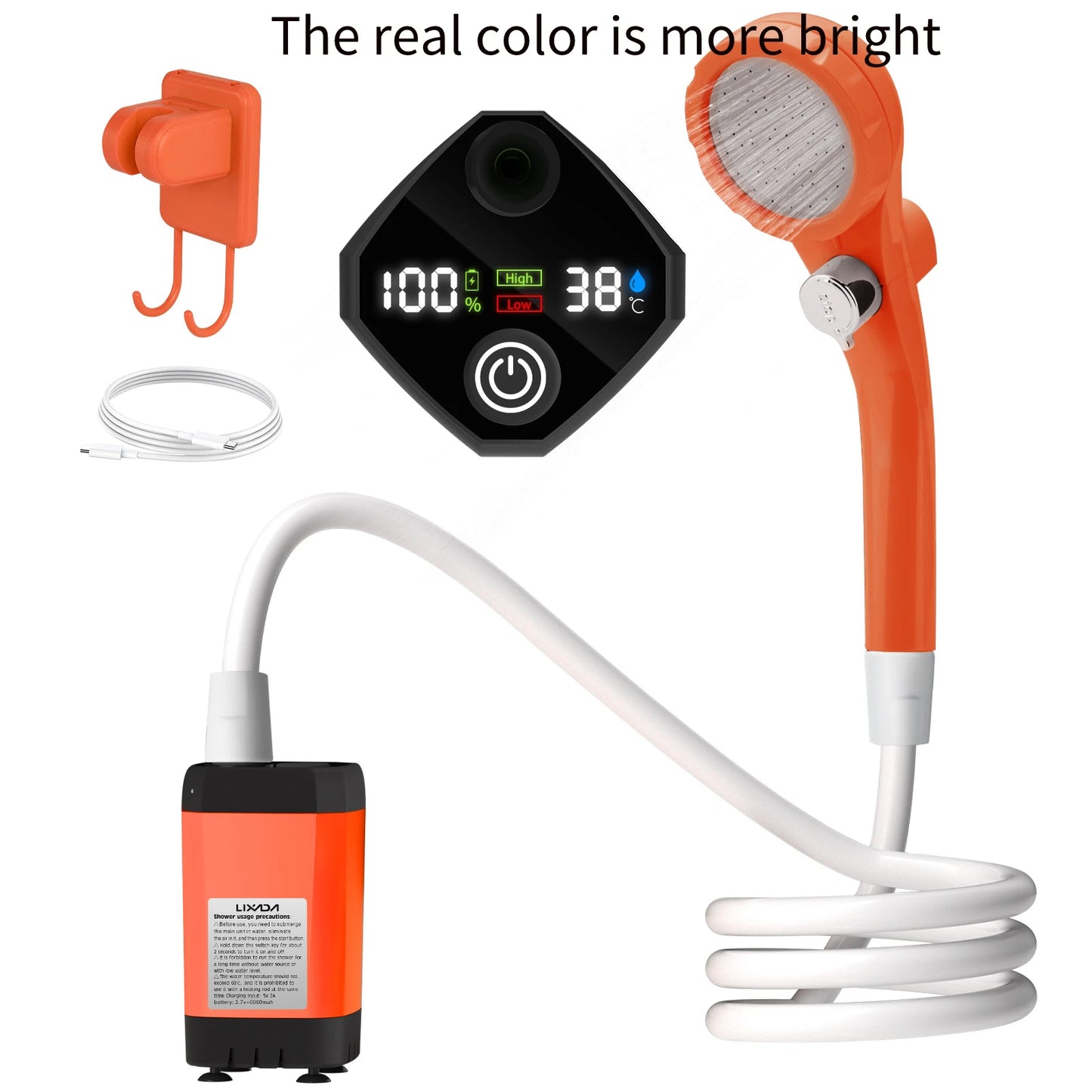 Military-Outdoors.com portable outdoor shower kit with digital control, orange shower head, and pump