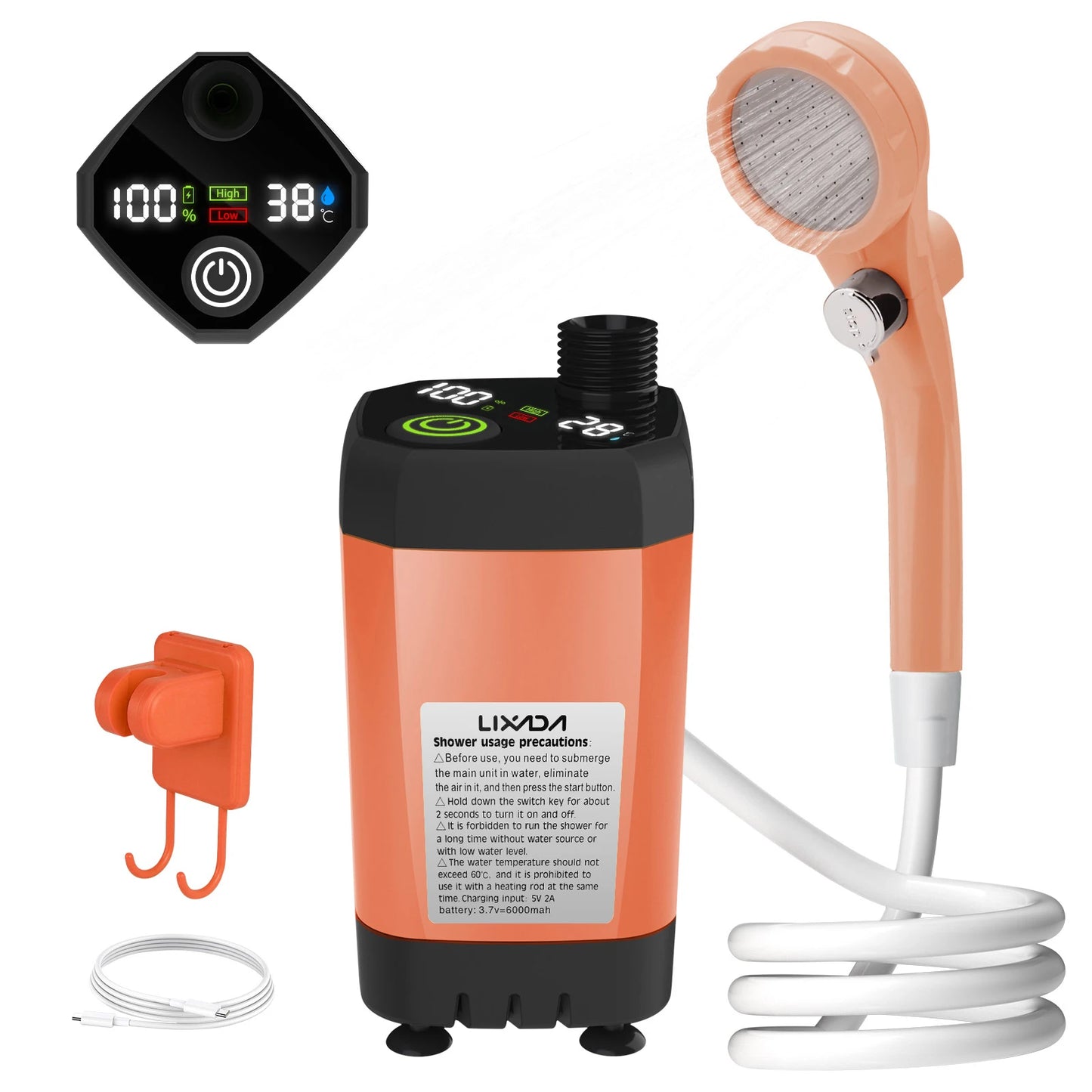 Military-Outdoors.com portable outdoor shower kit with digital temperature display and handheld showerhead in orange