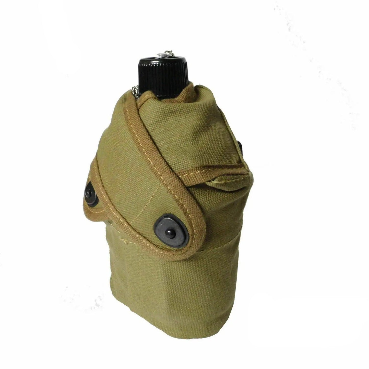 Olive green water bottle holder with black cap on a white background