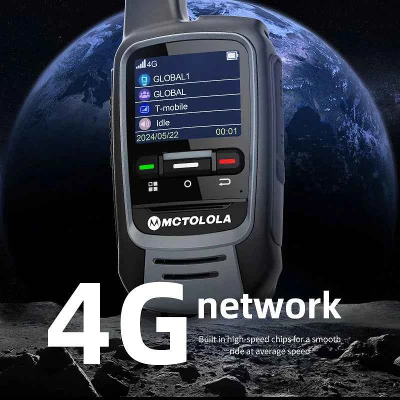 Military-Outdoors Global -4G POC Walkie Talkie showing 4G screen with global network icons over Earth background