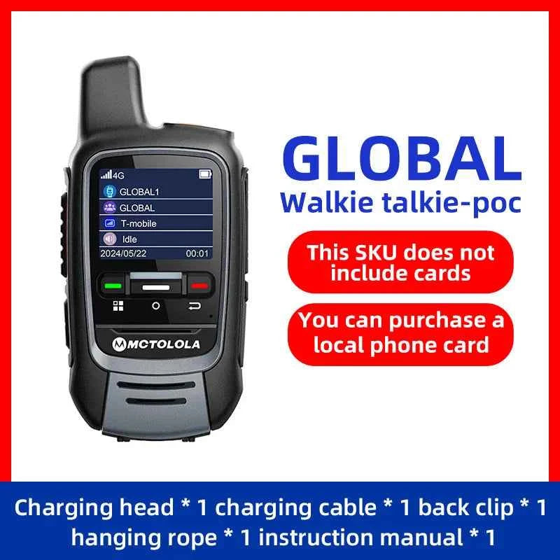 Global -4G POC Walkie Talkie black handheld radio with color screen showing channels and accessories list