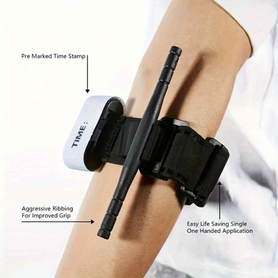 Military Outdoors Automatic Tourniquets black windlass tourniquet on forearm with pre marked time dial and ribbed grip