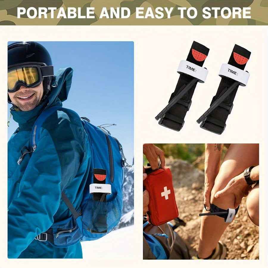 Military Outdoors Automatic Tourniquets pair shown attached to backpack and applied to leg for outdoor first aid use