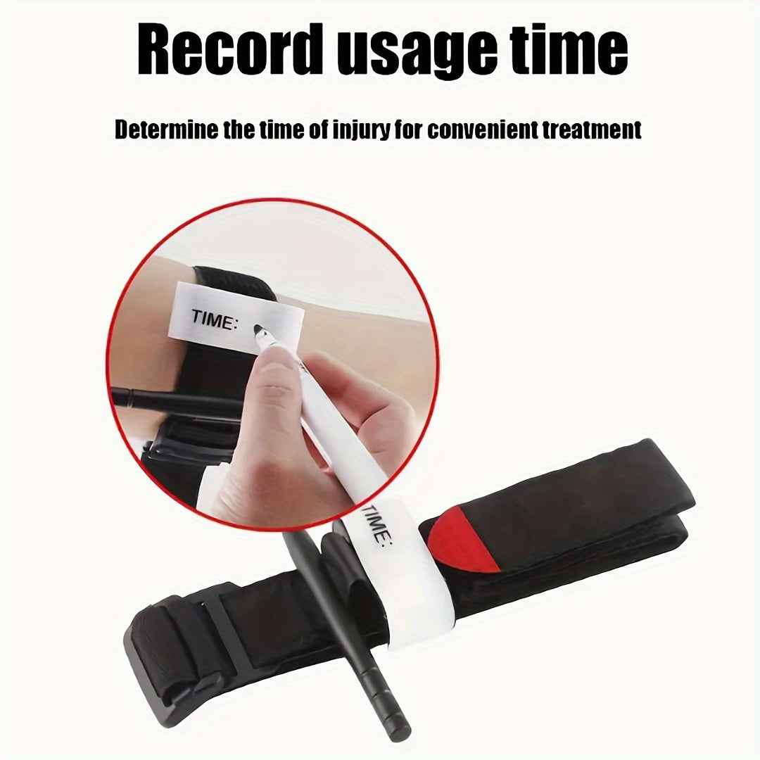 Military Outdoors Automatic Tourniquets black strap windlass with white time recording tab being marked