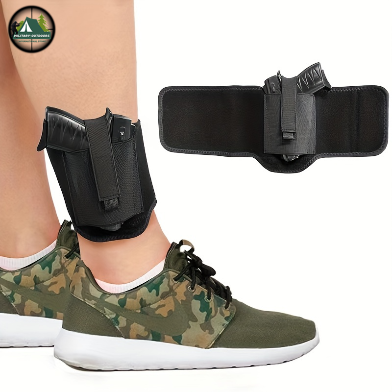 Military Outdoors adjustable ankle holster in black with secure strap and handgun shown worn by model