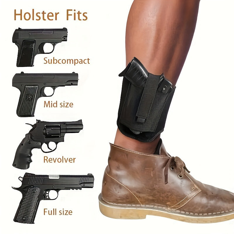 Black adjustable ankle holster worn over boot with retention strap and clip fits subcompact mid size revolver full size