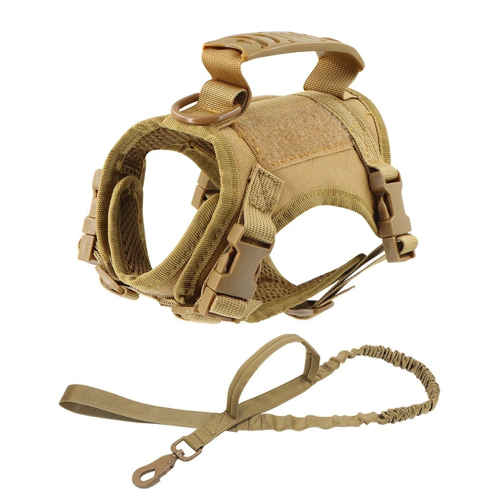 Tan tactical adjustable kitten K9 vest with padded mesh, top handle, side buckles and matching leash