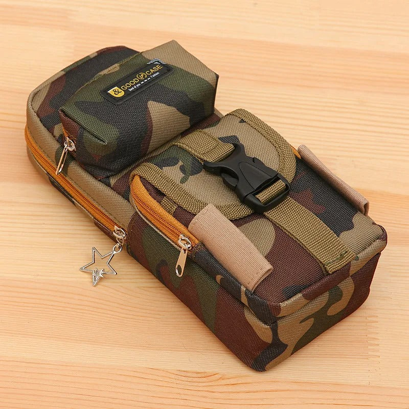 Military-Outdoors.com camo zippered pencil case with multiple compartments and star-shaped zipper pull