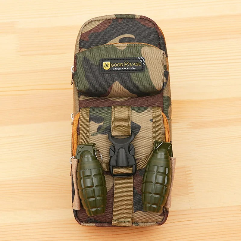 Military-Outdoors.com camo zippered pencil case with multiple compartments and toy grenades for kids