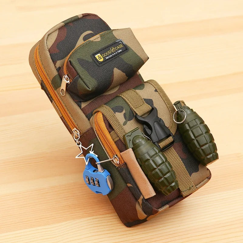 Military camo zippered pencil case with multiple compartments and decorative grenade keychains