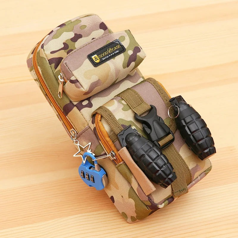 Military-Outdoors.com camo zippered pencil case with multiple compartments and grenade keychains