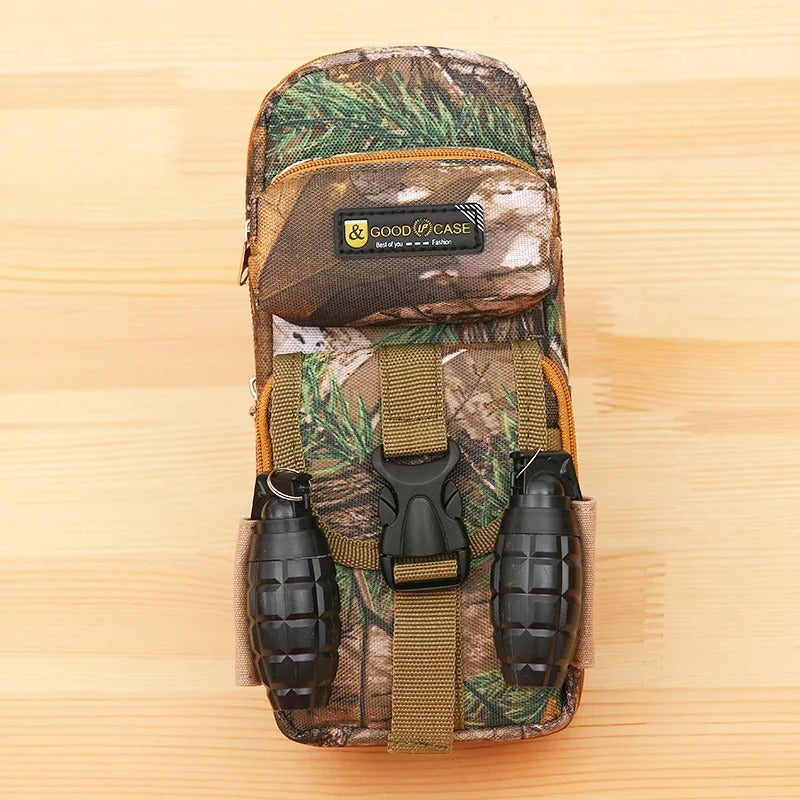 Military style camo zippered pencil case with buckle and grenade-shaped accessories for kids