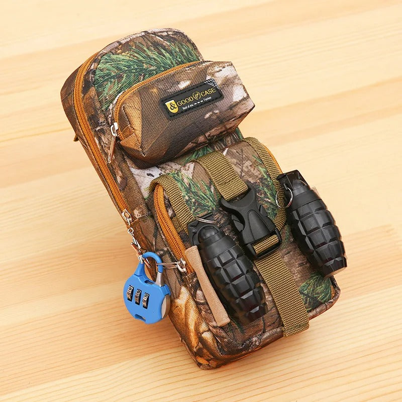 Camo zippered pencil case for kids with multiple compartments and grenade design accessories