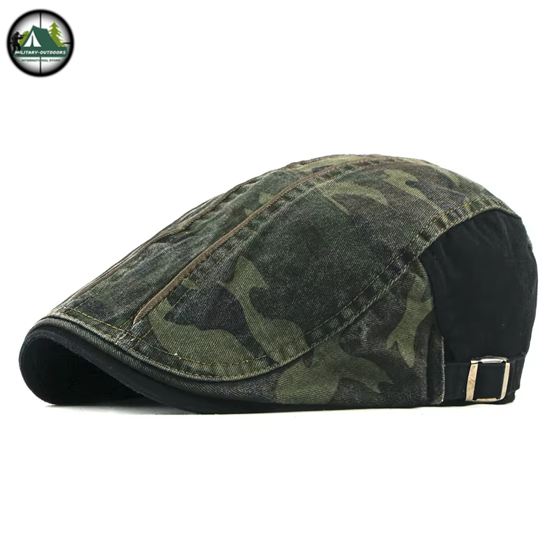 Military Outdoors camouflage cotton flat cap with adjustable metal buckle strap and faded green camo