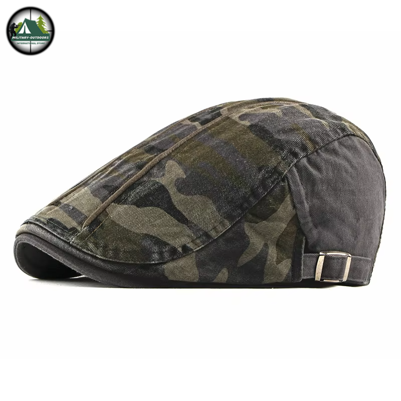camouflage cotton flat cap side view with adjustable metal buckle and short visor for outdoor use