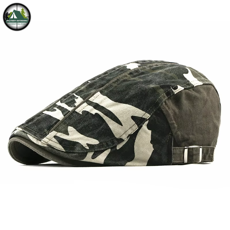 camouflage cotton flat cap with adjustable metal back strap distressed camo print rugged outdoor style