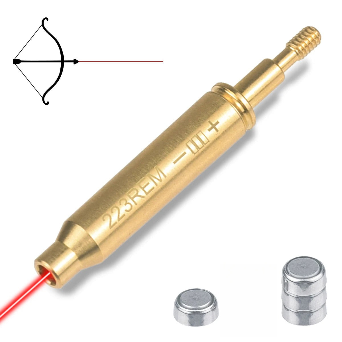 Gold crossbow laser boresighter with red laser beam and multiple button cell batteries