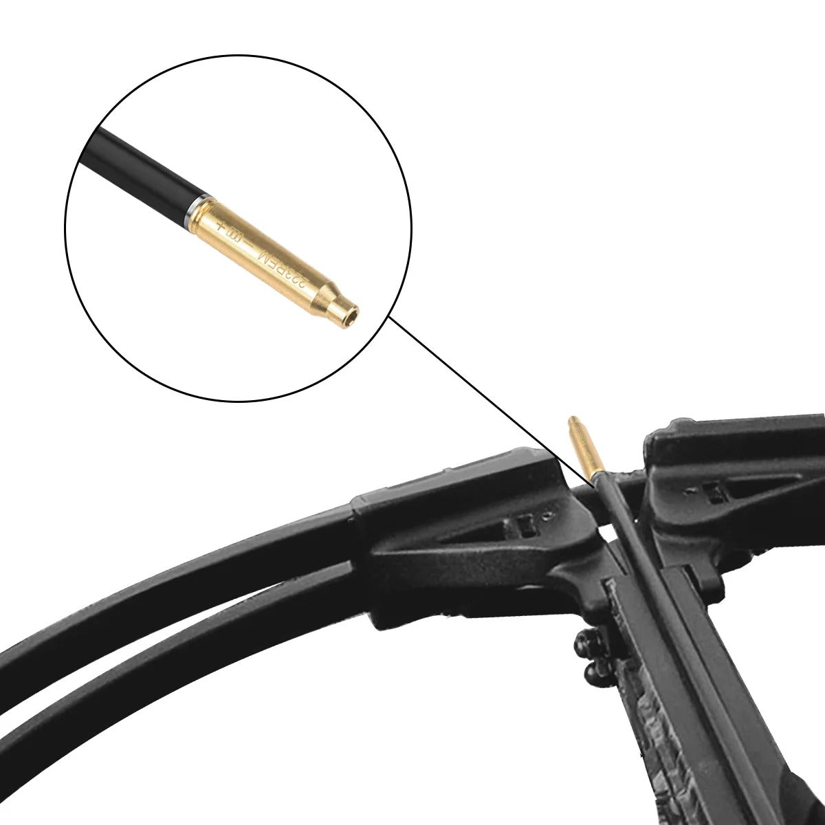 Crossbow with a close-up of a brass crossbow laser boresighter attached to the arrow rest