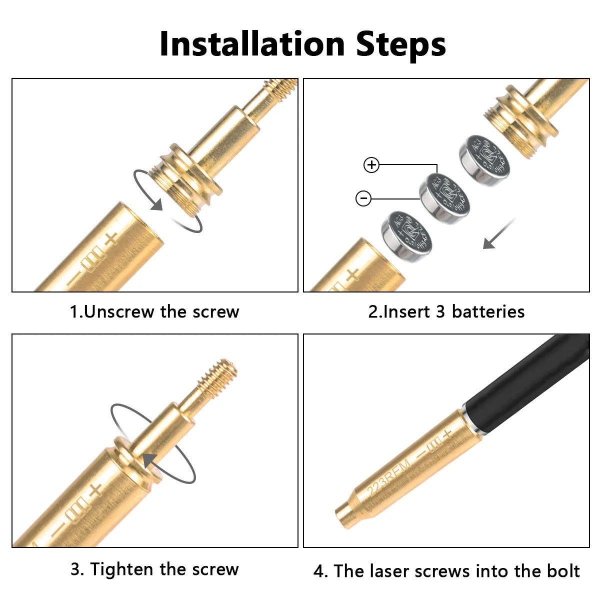 Crossbow laser boresighter installation steps showing battery insertion and screw tightening