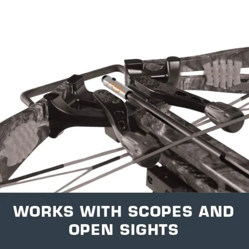 Close-up of a crossbow with a crossbow laser boresighter showing compatibility with scopes and open sights