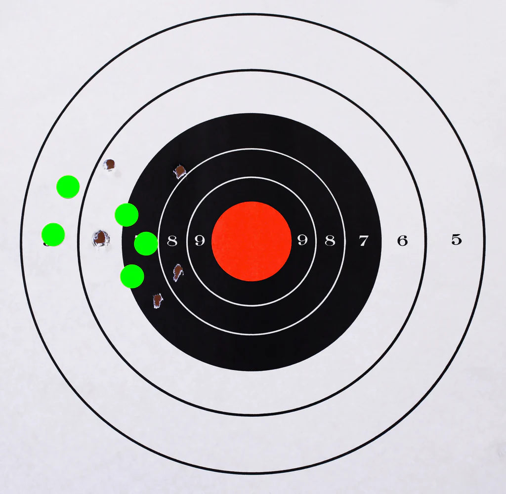 Shooting target with bullet holes highlighted by fluorescent round labels 25mm in bright green on white background