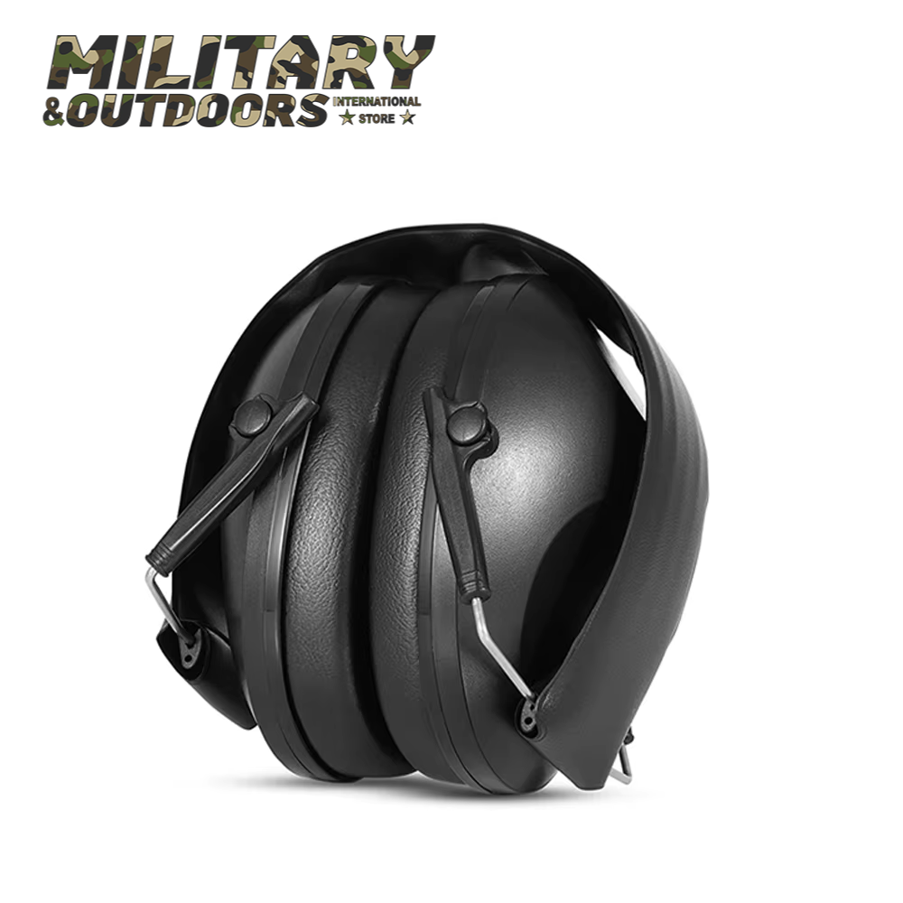 Black foldable shooting earmuffs with cushioned ear cups for hearing protection