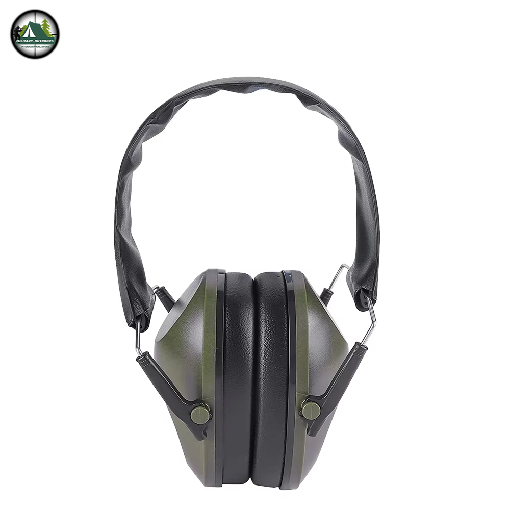 Military-Outdoors.com foldable shooting earmuffs with padded ear cups and adjustable headband in green and black