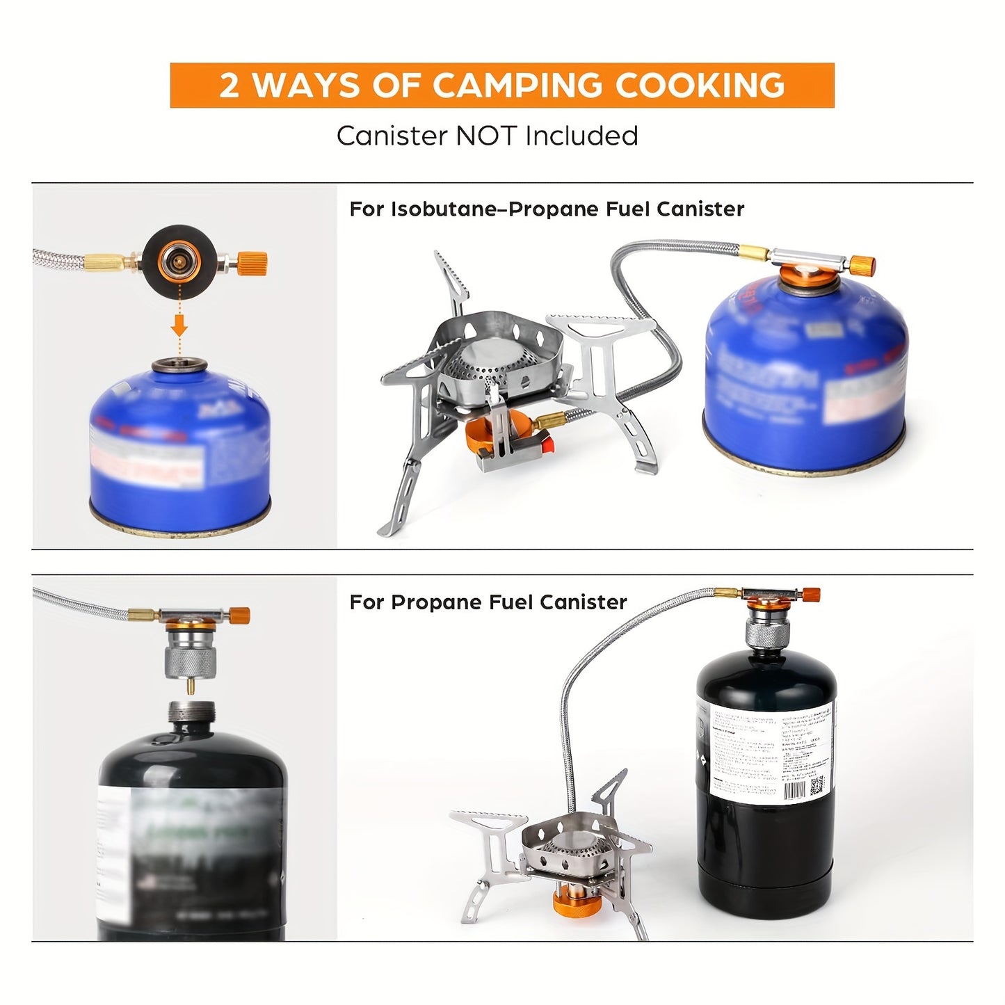 Portable metal high-power camping stove with hose and regulator showing isobutane and propane canister setups