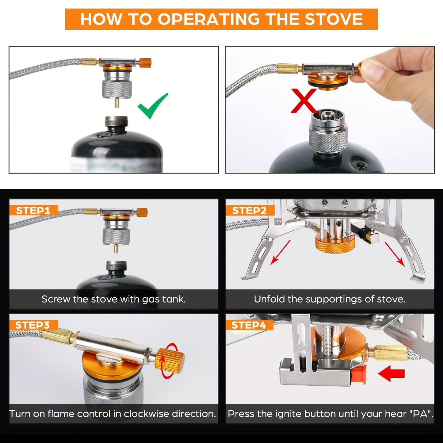 Instructional diagram showing assembly and operation of high-power camping stove with gas canister