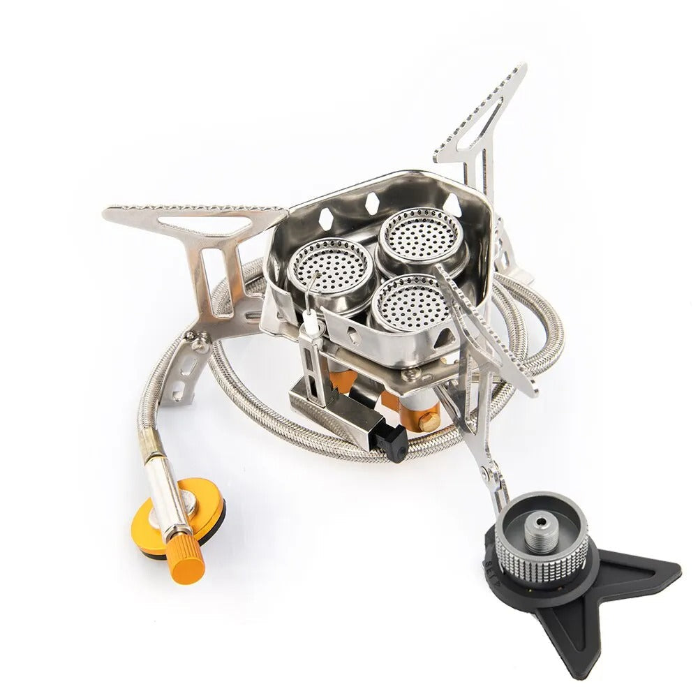 Stainless steel triple burner high-power camping stove with braided fuel hose folding pot supports
