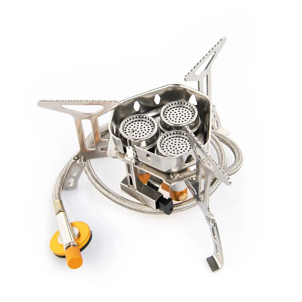 Stainless steel high-power camping stove with three burners foldable legs and remote fuel hose regulator