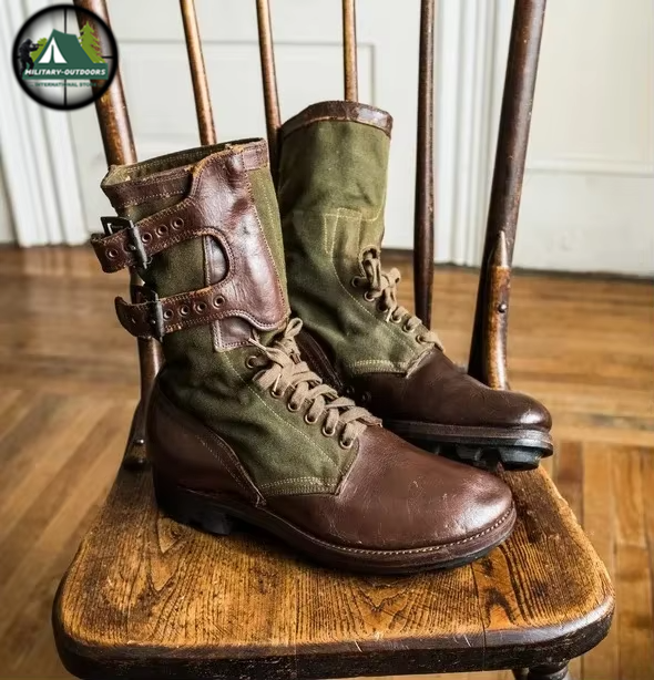 Military-Outdoors.com medieval archery boots made of leather and fabric with buckles and laces on wooden chair