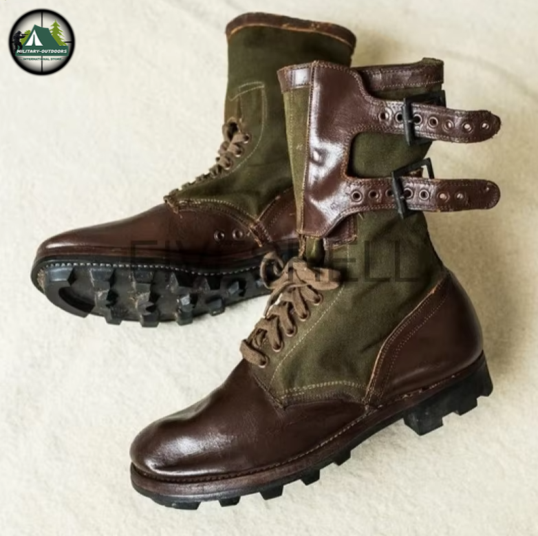 Military-Outdoors.com medieval archery boots in brown leather and green fabric with rugged soles