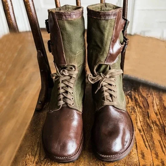 Military-Outdoors.com medieval archery boots with brown leather and green fabric for outdoor use