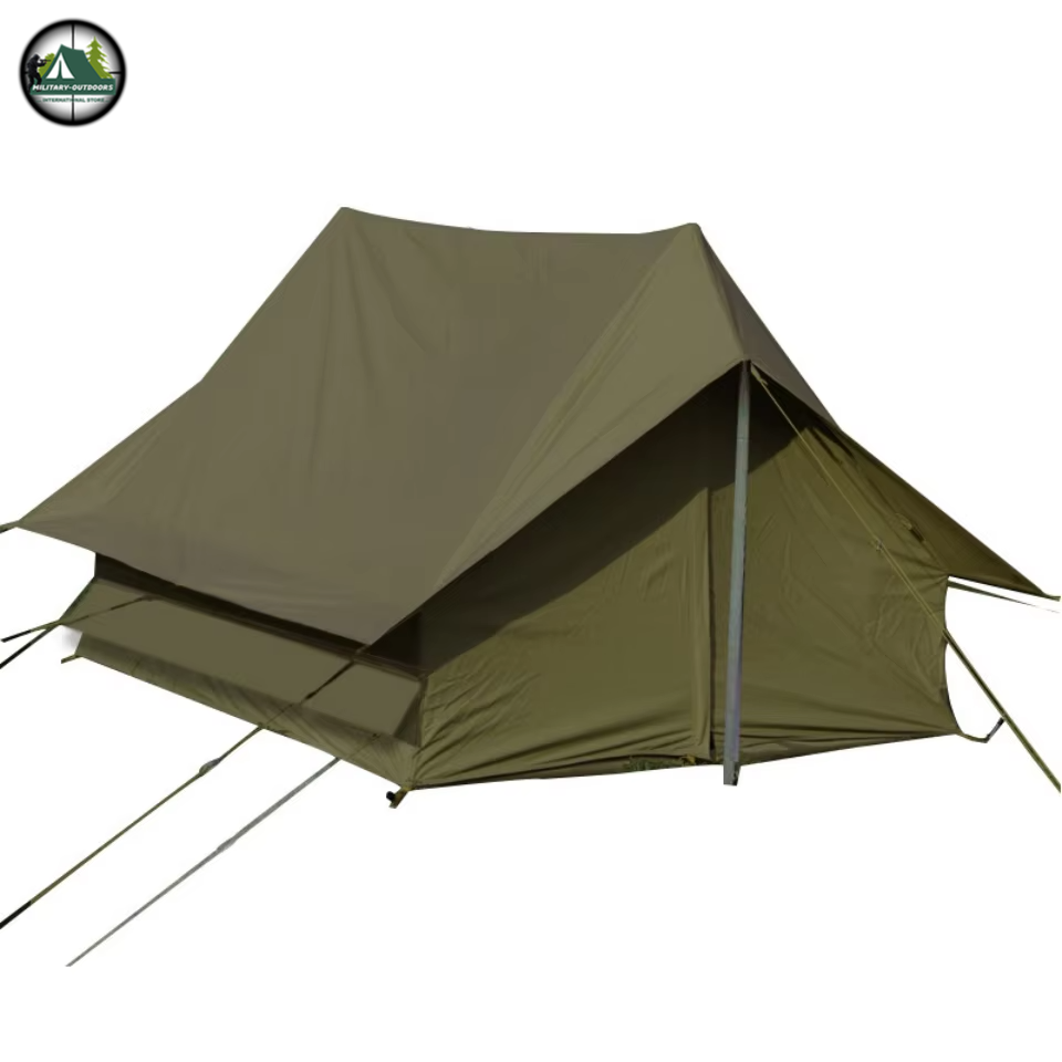 Olive drab canvas military camping tent with A frame pole guy lines and front flap